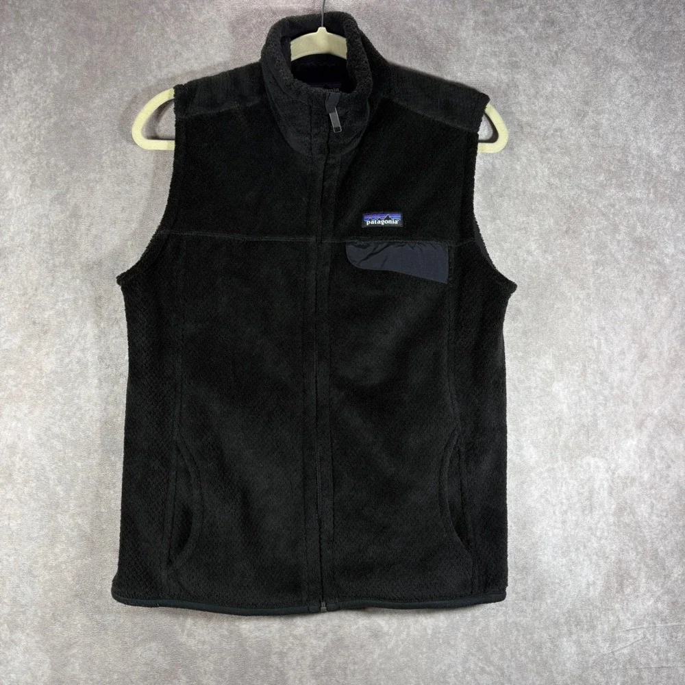 Patagonia Fleece Vest Womens Size Large Black Re-Tool Full Zip Snap Pocket Warm